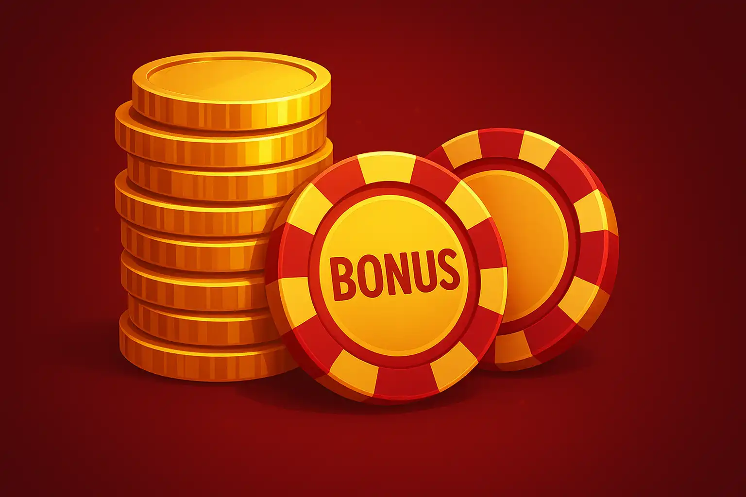 Stack of gold coins and bonus chips representing Goldspinia Casino bonuses