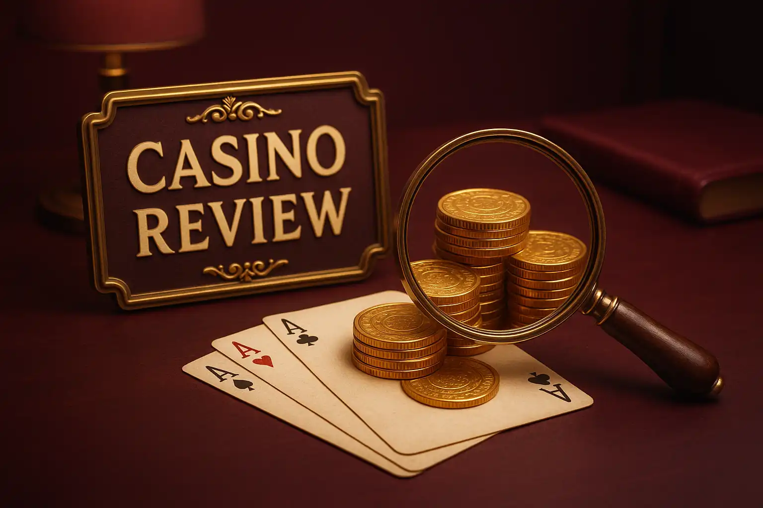 Magnifying glass over golden coins and playing cards symbolising a casino review